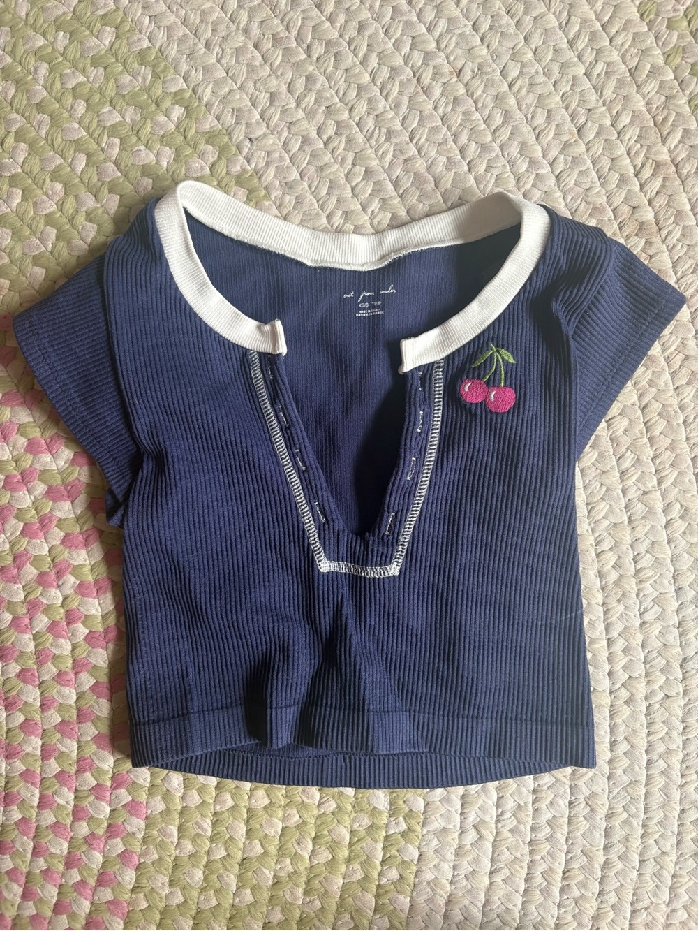 Urban Outfitters Navy Ribbed Crop Top with White Trim and Pink Cherry Patch